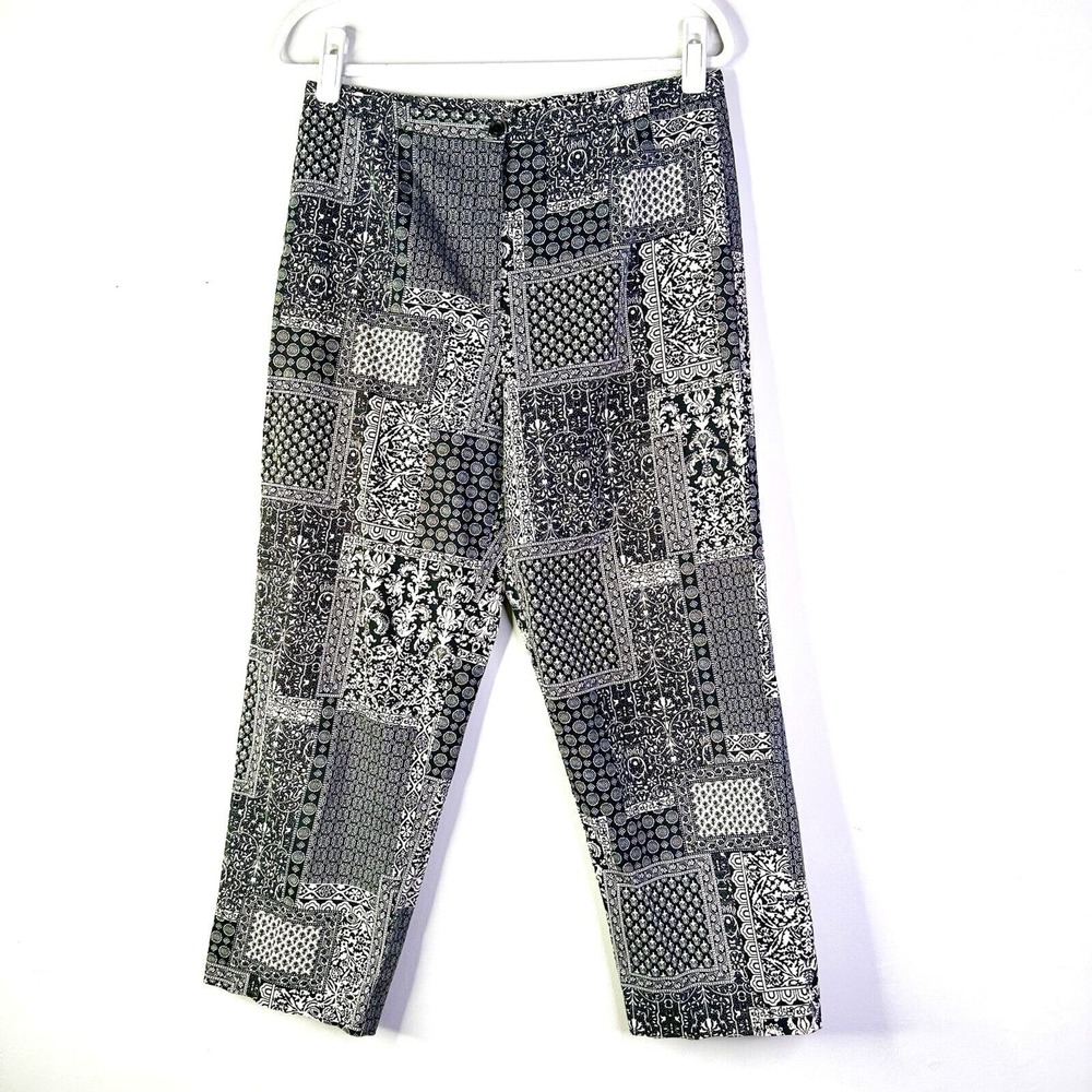 Talbots Pant Women 12 Black White Paisley Patchwork Tile Print Cropped High Rise